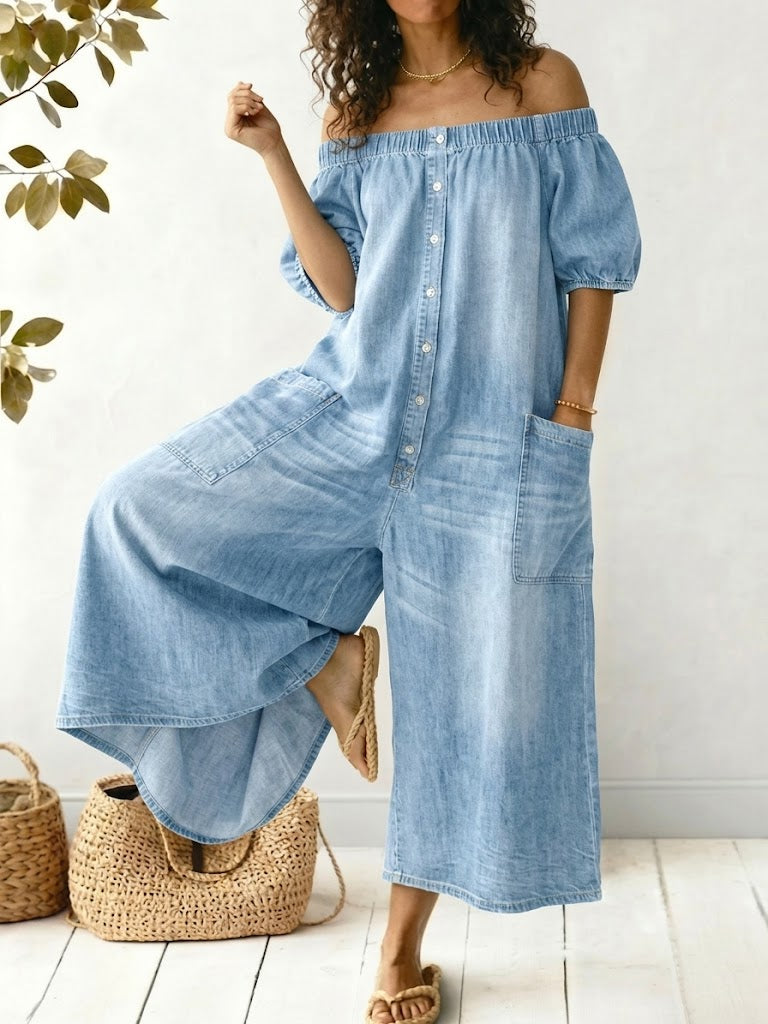 Casual Off-shoulder Denim Jumpsuit