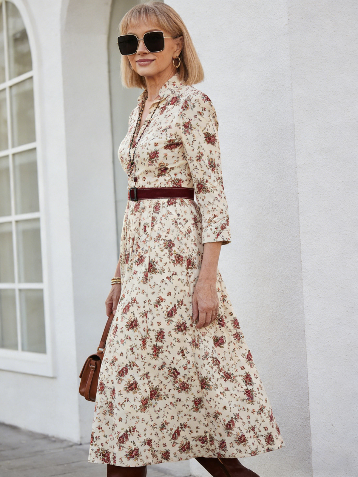 Printed V-neck Waist Long Sleeve A Pendulum Women's Dress Long Dress Literary Retro Fashion Elegant