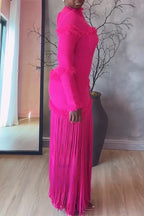 Women Round Neck Patchwork Tassel Solid Color Elegant Temperament Dress