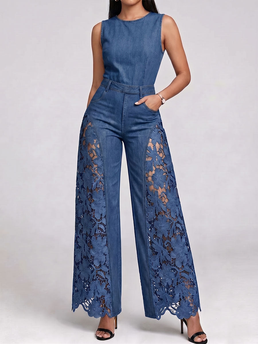 Women's Round-neck Sleeveless Cutout Lace Casual Loose-fit Denim Wide-leg Jumpsuit