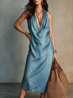 Elegant Draped V-neck Denim Midi Dress