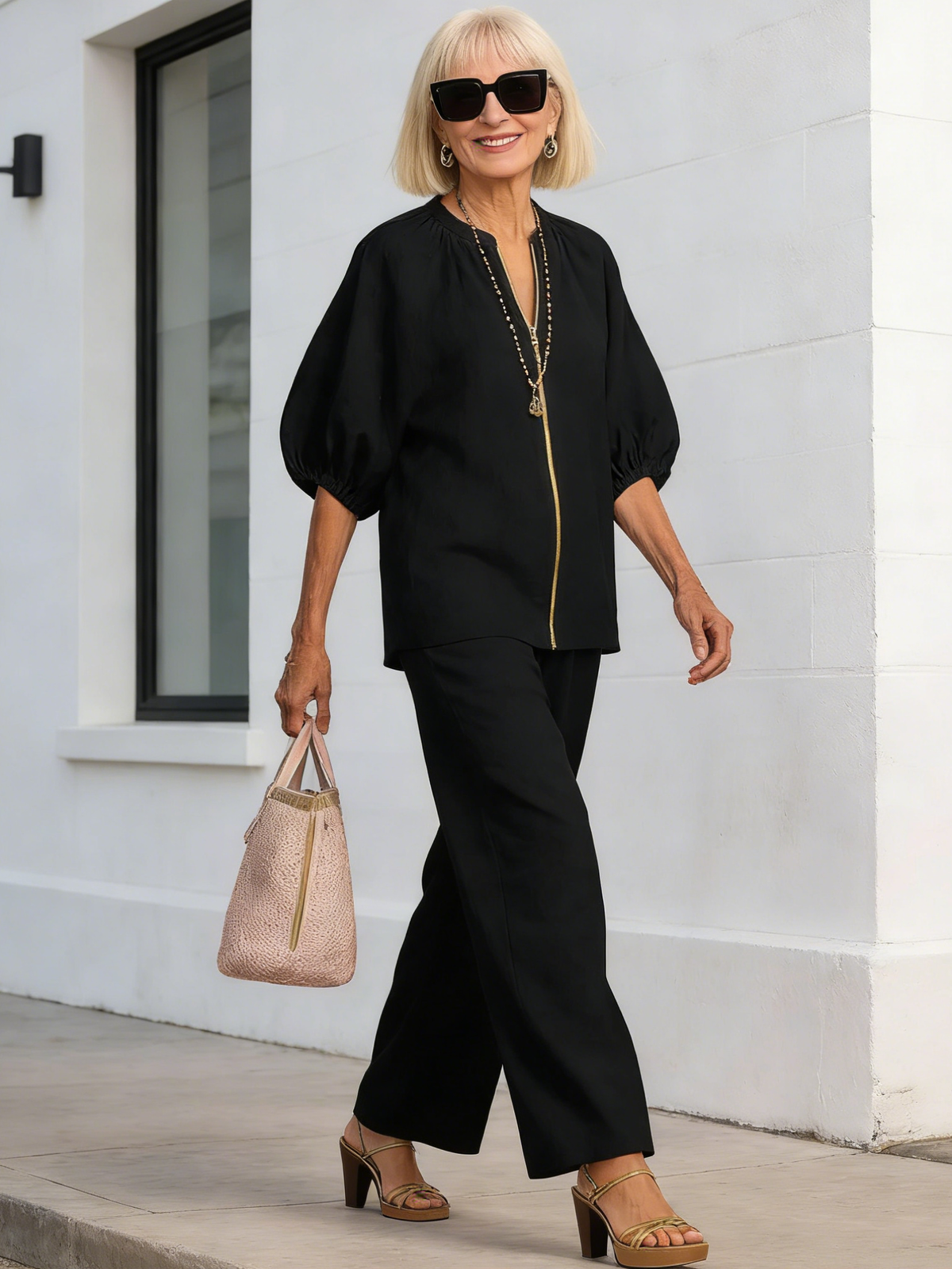 2Pcs Women's Casual Loose Solid Color Zipper Round Neck Wide-leg Pants Suit Women