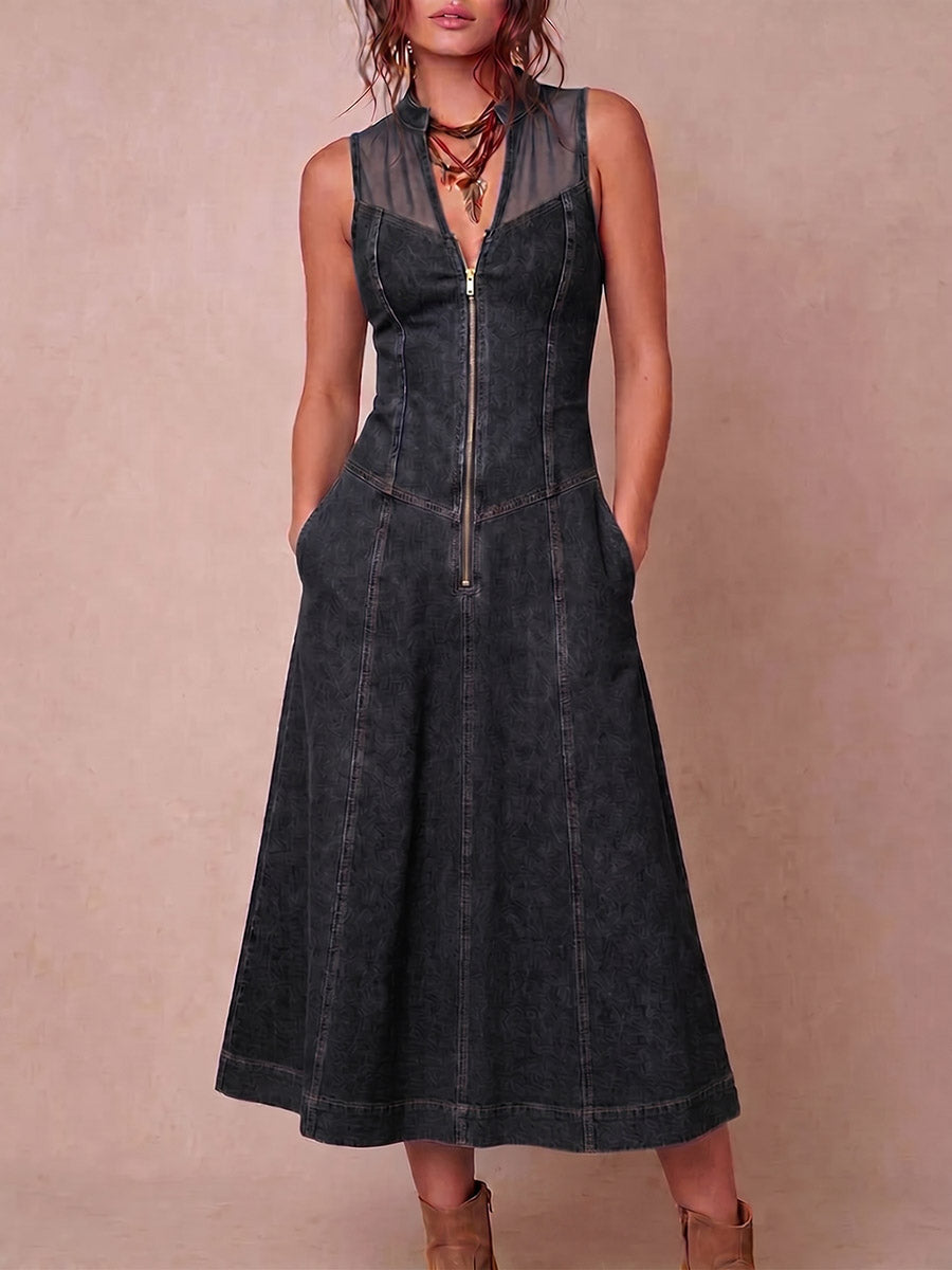 Women's V-neck Sleeveless Casual Loose Denim-paneled Dress