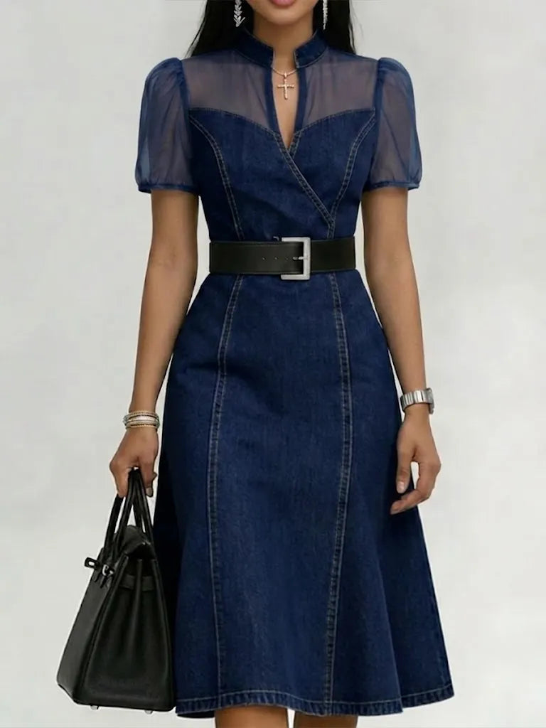 Stylish Casual Paneled Organza & Denim Dress