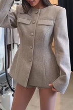 Women Retro Elegant Round Neck Divided Cut Blazer + Shorts Suit