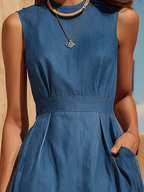 Vacation-Style Crew Neck Sleeveless Denim Midi Dress