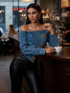 Buttoned Pleated Solid Color Split-Joint Irregularity Long Sleeves Off-The-Shoulder Blouses&Shirts Tops