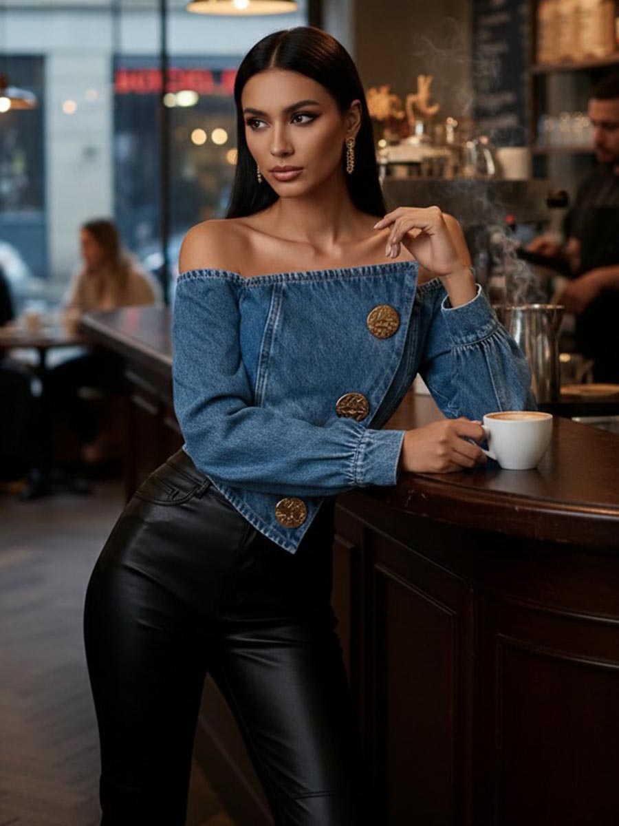 Buttoned Pleated Solid Color Split-Joint Irregularity Long Sleeves Off-The-Shoulder Blouses&Shirts Tops