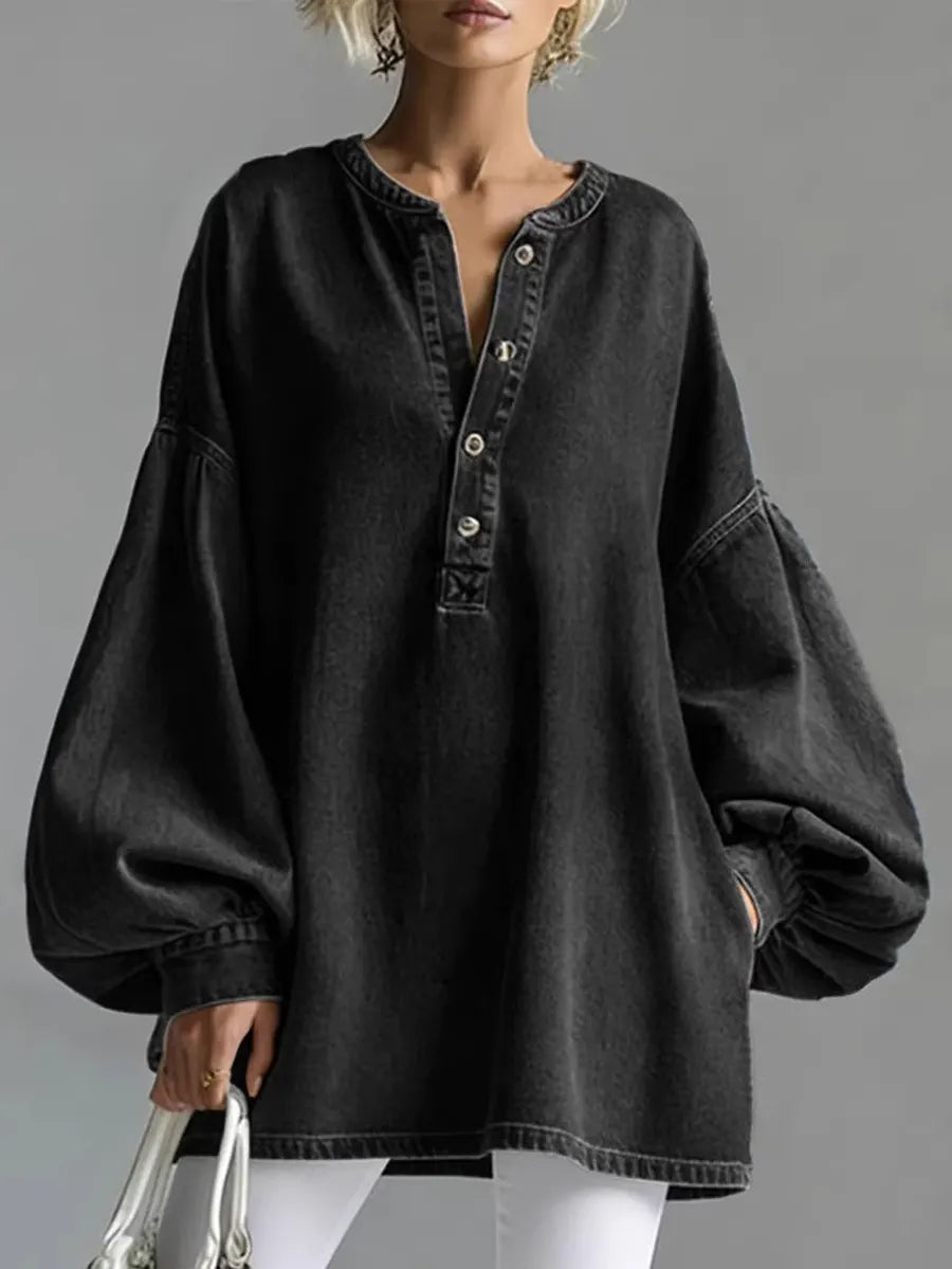 Buttoned Split-Joint Long Sleeves Loose Round-Neck Blouses&Shirts Tops