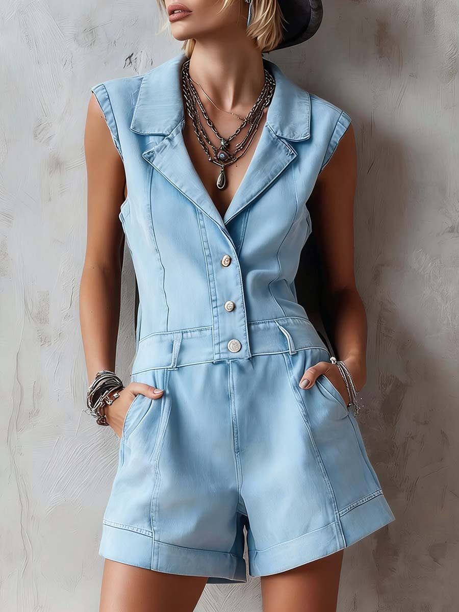 Women's Sleeveless Casual Loose Denim Jumpsuit With Lapel Collar