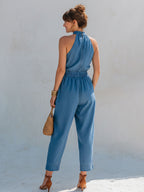 Chic Vacation-Style Mock Neck Sleeveless Denim Jumpsuit