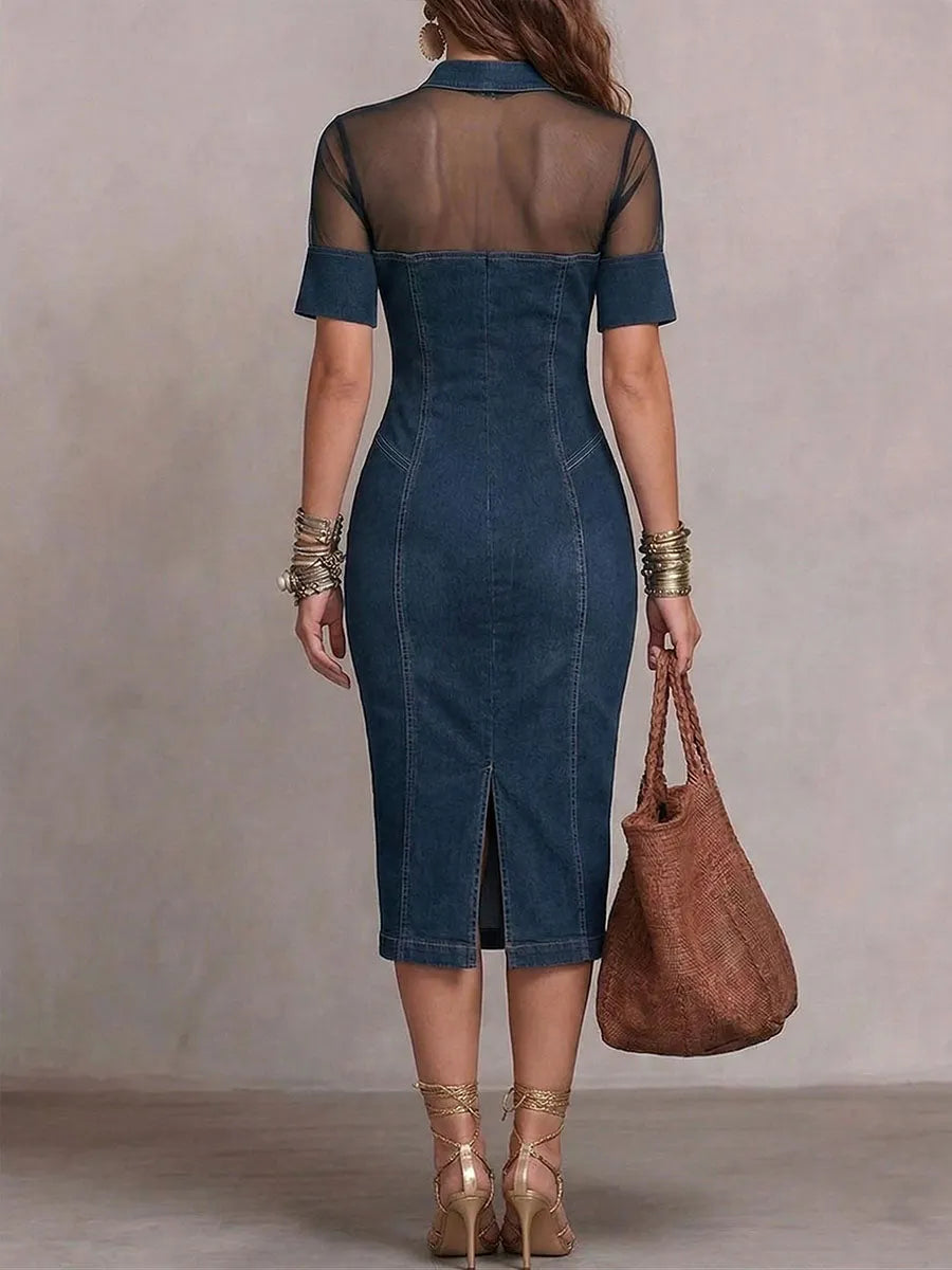 Edgy Mesh Yoke Denim Bodycon Dress with Button Front