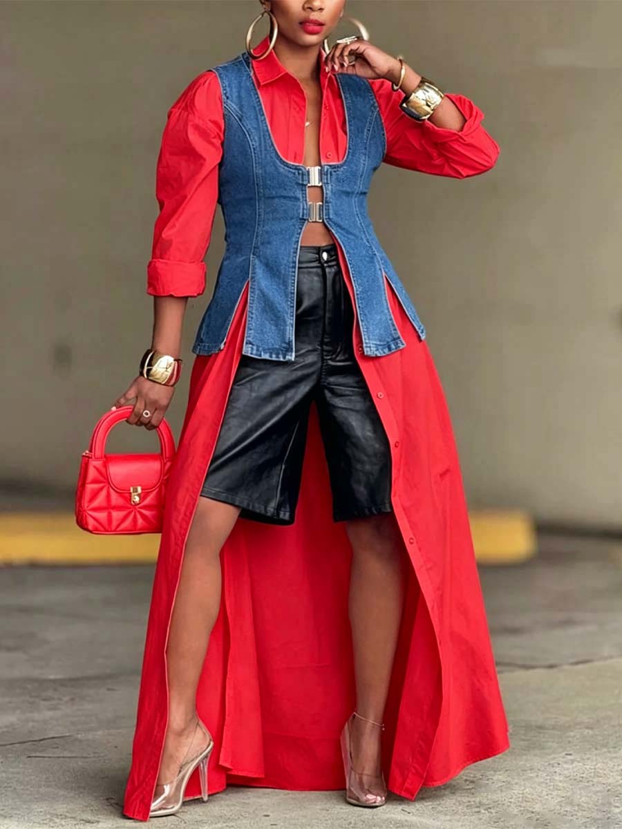 Women's Solid Color Art Casual Stylish Denim Cotton Patchwork Long Shirt