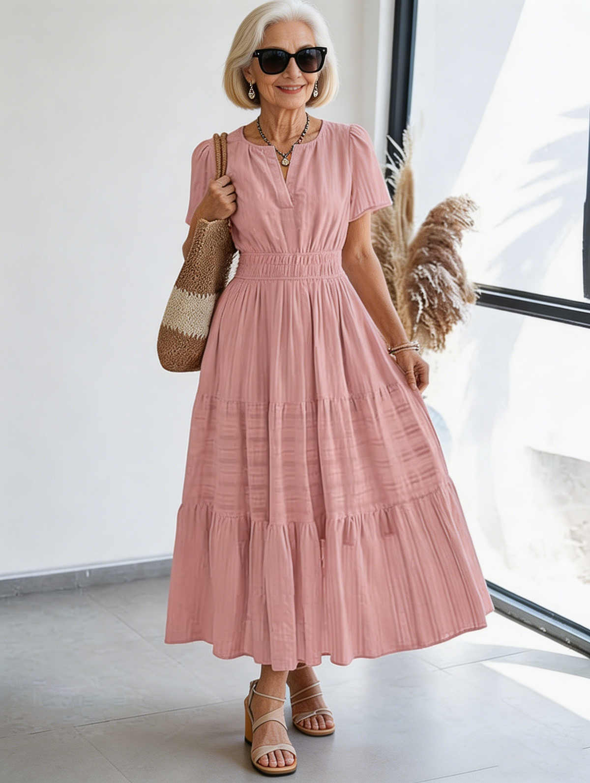 Cotton Fashion V-neck Pleated Bubble Sleeves Layered Pendulum Dress Women