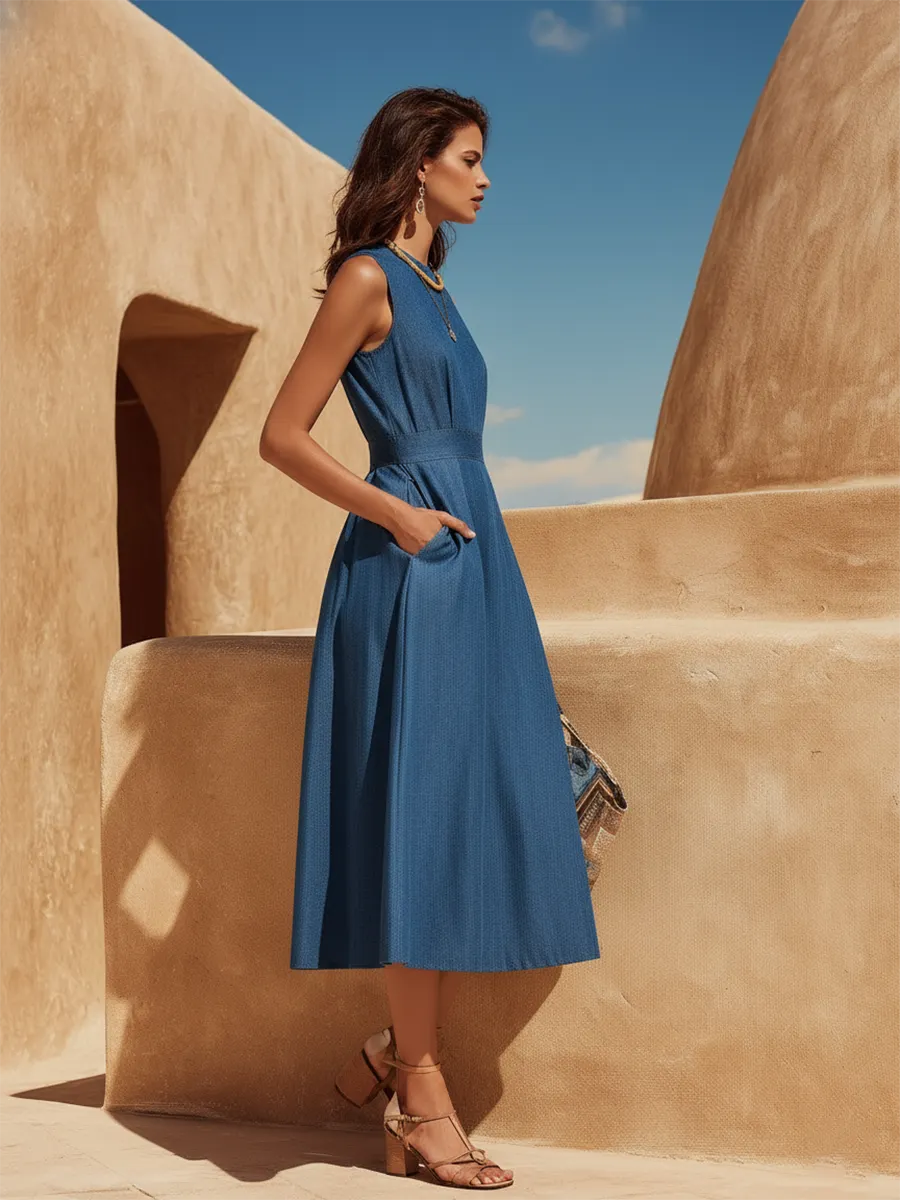 Vacation-Style Crew Neck Sleeveless Denim Midi Dress