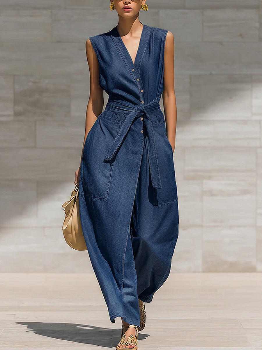 Casual Loose-fit Belted Denim Jumpsuit