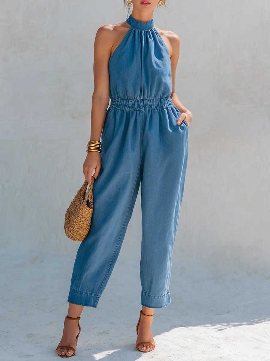 Chic Vacation-Style Mock Neck Sleeveless Denim Jumpsuit
