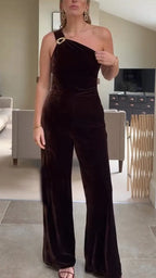 Women One Shoulder Velvet Temperament Casual Jumpsuit