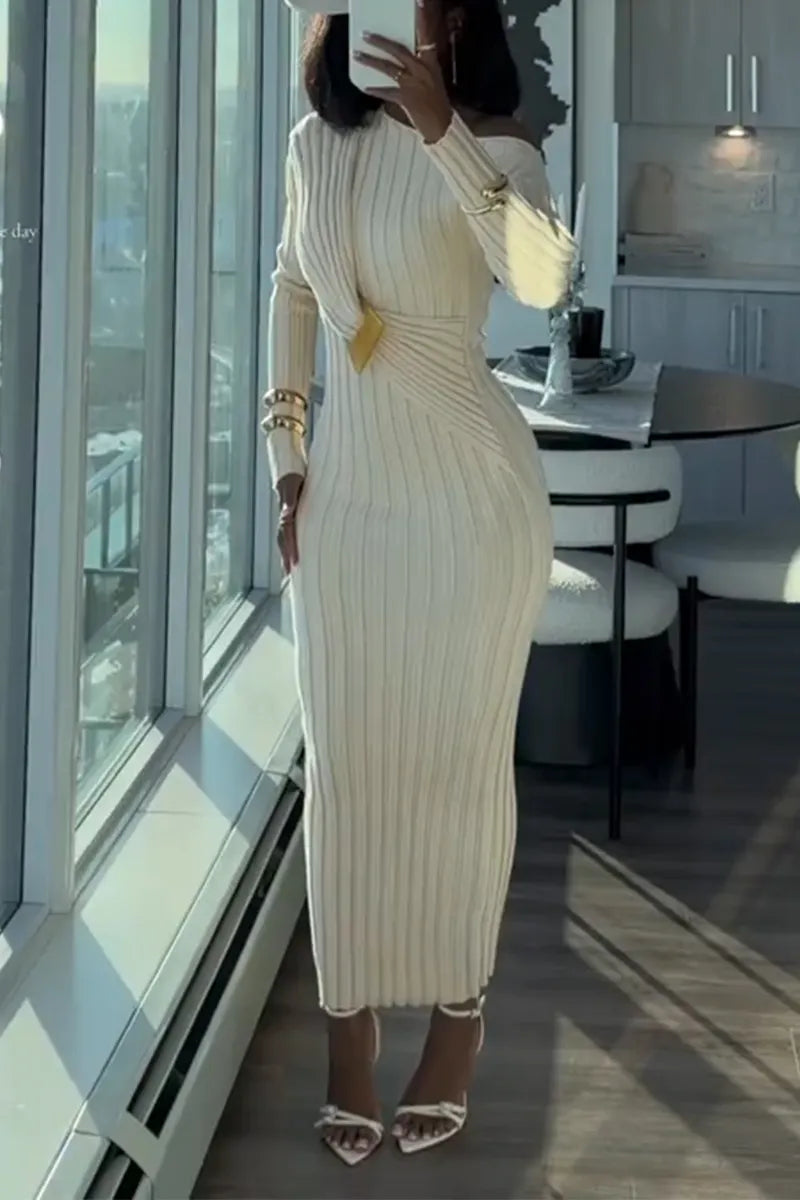 Women Diagonal Shoulder Collar Pit Stripe Knitted Elegant Temperament Dress