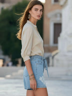 Vacation Casual White Embroidered Light Blue Denim Shorts