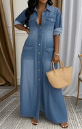 Women's Lapel Long-sleeved Button Casual Loose Denim Shirt Dress