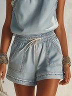 Seaside Leisure Vacation Ruffled Light Blue Denim Top And Shorts Set