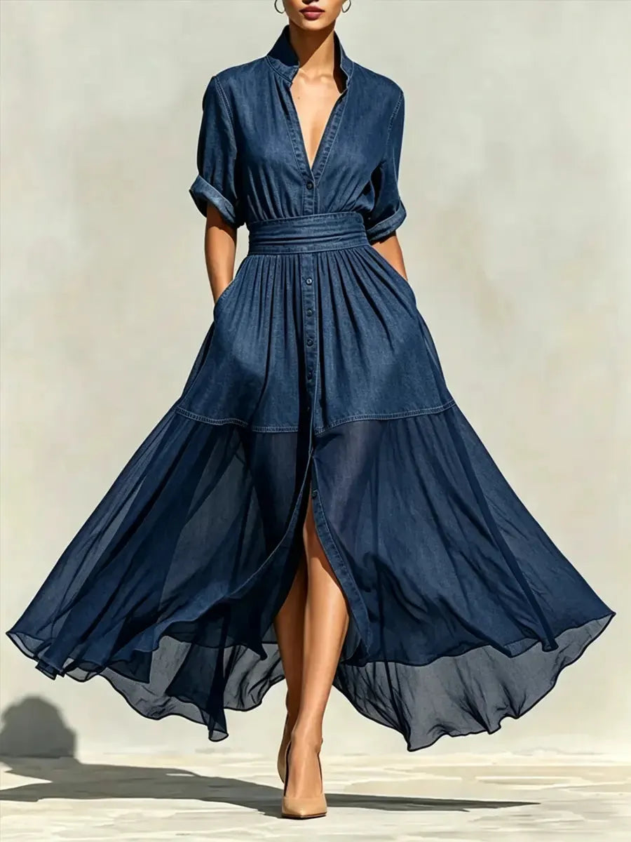 Women's Casual Denim And Mesh Splice Dress