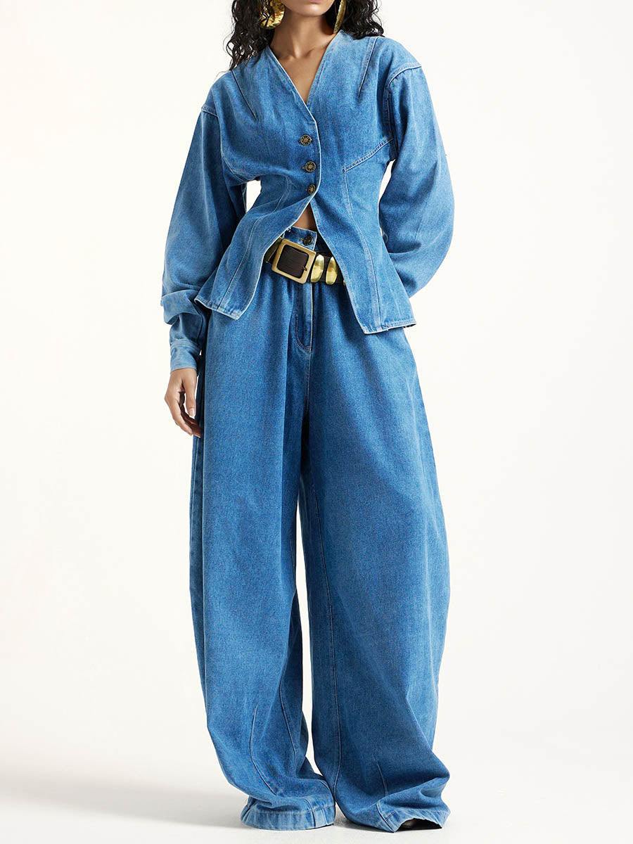 Women's Denim Set: V-neck Long-sleeve Loose-fit Cardigan & High-waisted Wide-leg Pants
