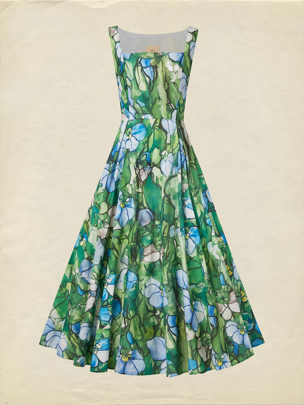 Maxi Linen Dress , Sleeveless, Square Neck, Floral, Church Glass, Vacation, Vintage, Green