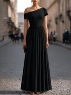 Structured One-Shoulder Pleated Waist Maxi Dress