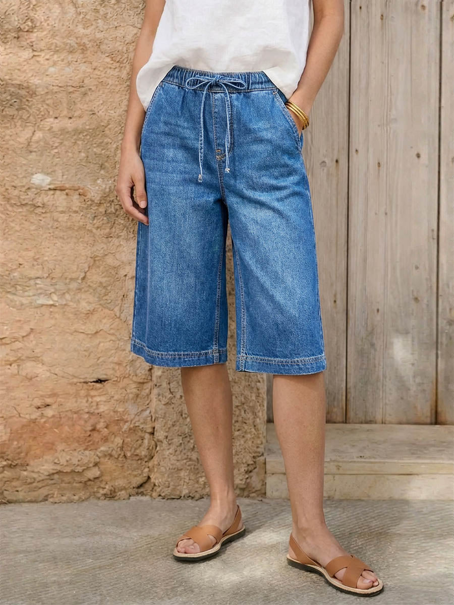 Women's Casual Loose-fit Wide-leg Denim Pants With Elastic Waist And Drawstring