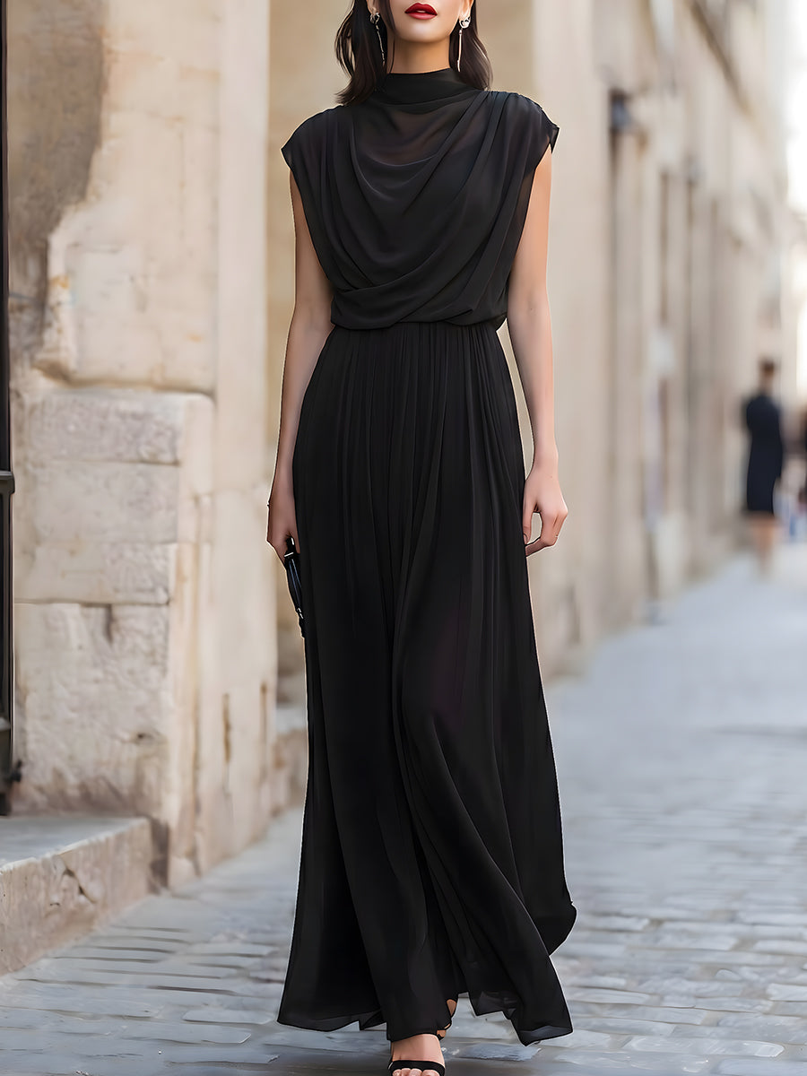 Draped Mock Neck Pleated Maxi Dress
