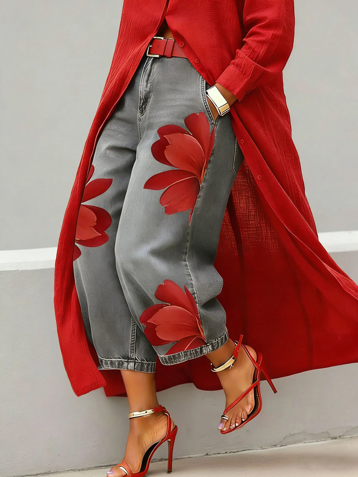 Women’s Stylish Flower Casual Wide Denim Pants
