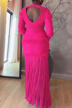 Women Round Neck Patchwork Tassel Solid Color Elegant Temperament Dress