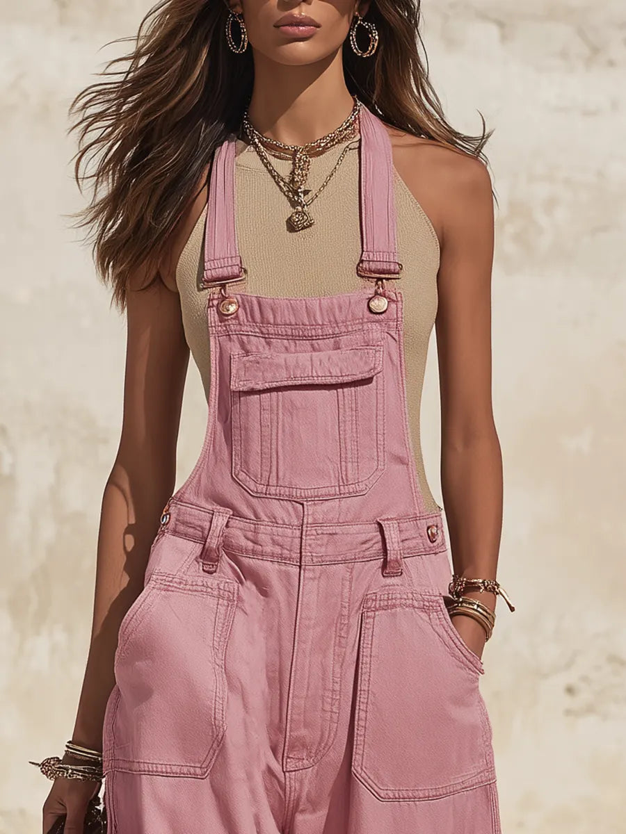 Resort-style Pocket Solid Color Denim Overalls