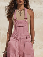 Resort-style Pocket Solid Color Denim Overalls