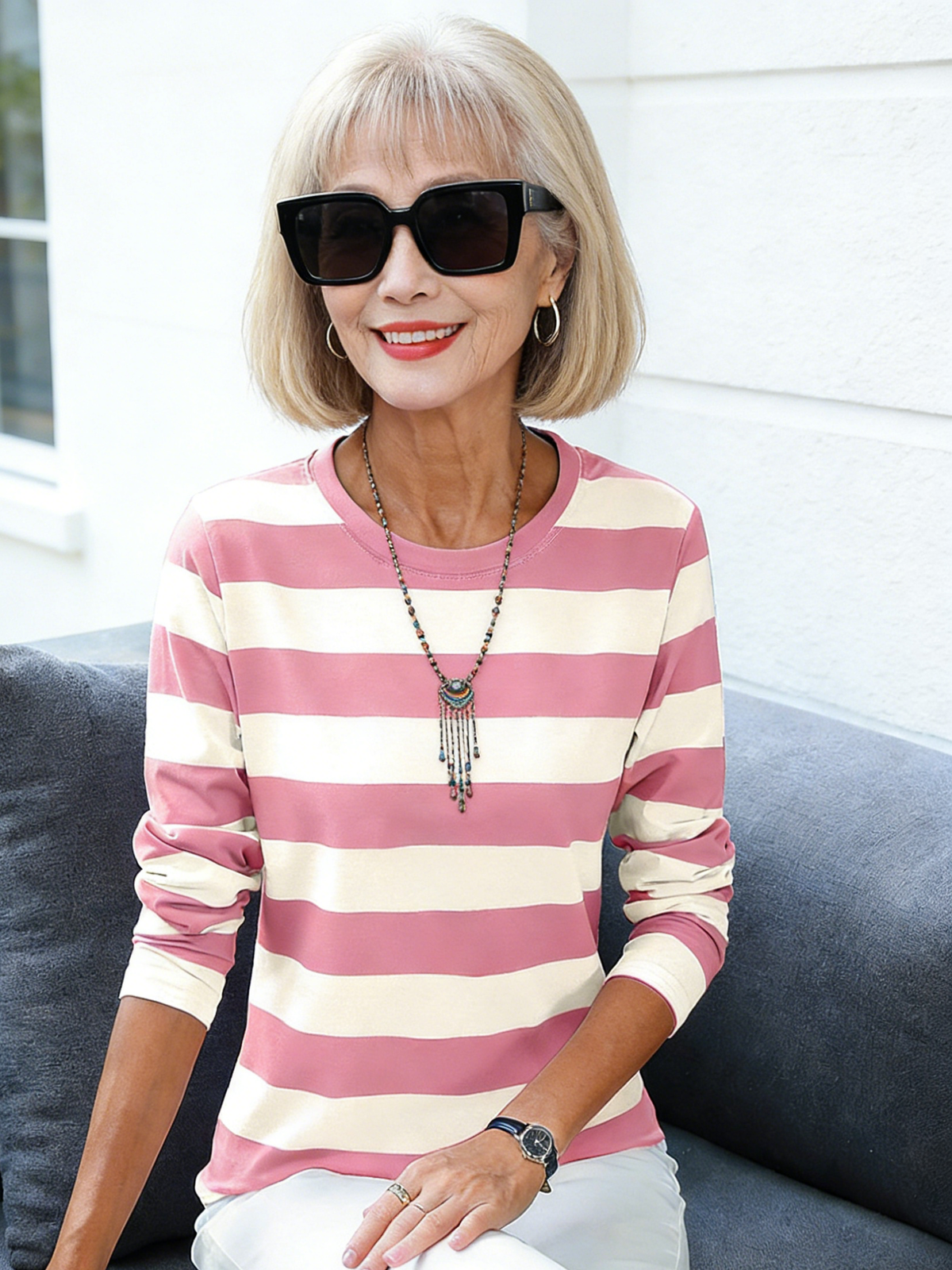 Loose Cotton Long-sleeved T-shirt Women's Autumn Clothes Outer Bottoming Shirt Striped
