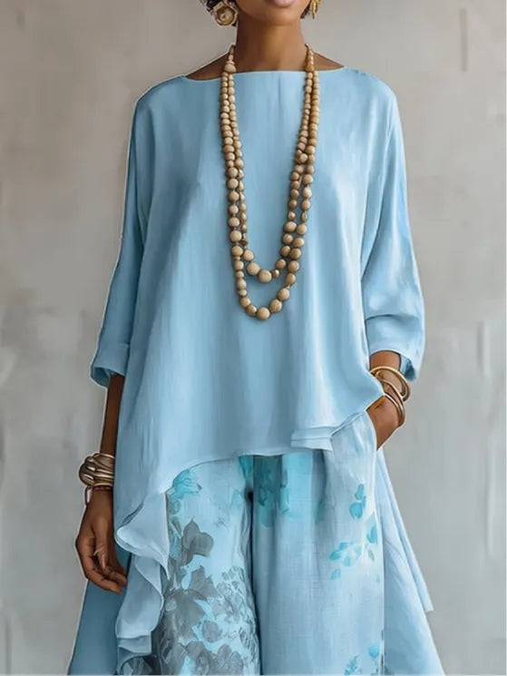 Blue Asymmetrical Top and Floral Wide-Leg Pants Set