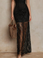 Elegant One-shoulder Slim-fit Maxi Dress With Lace Detailing