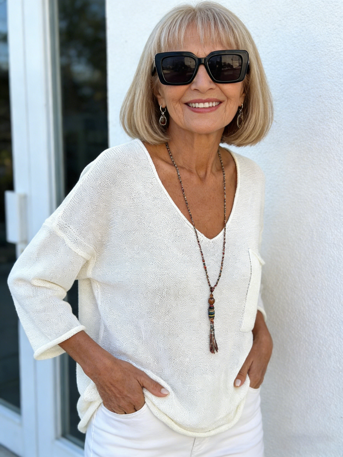 V-Neck Long Sleeve Pocket Casual Knitted Sweater Top