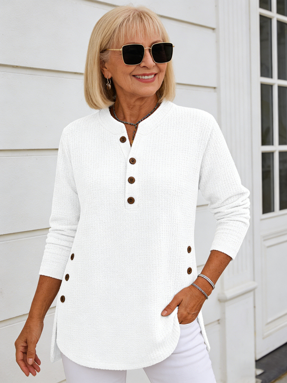 Corduroy Solid Color Loose Casual V-Neck Button Long Sleeve Women's Top T-Shirt