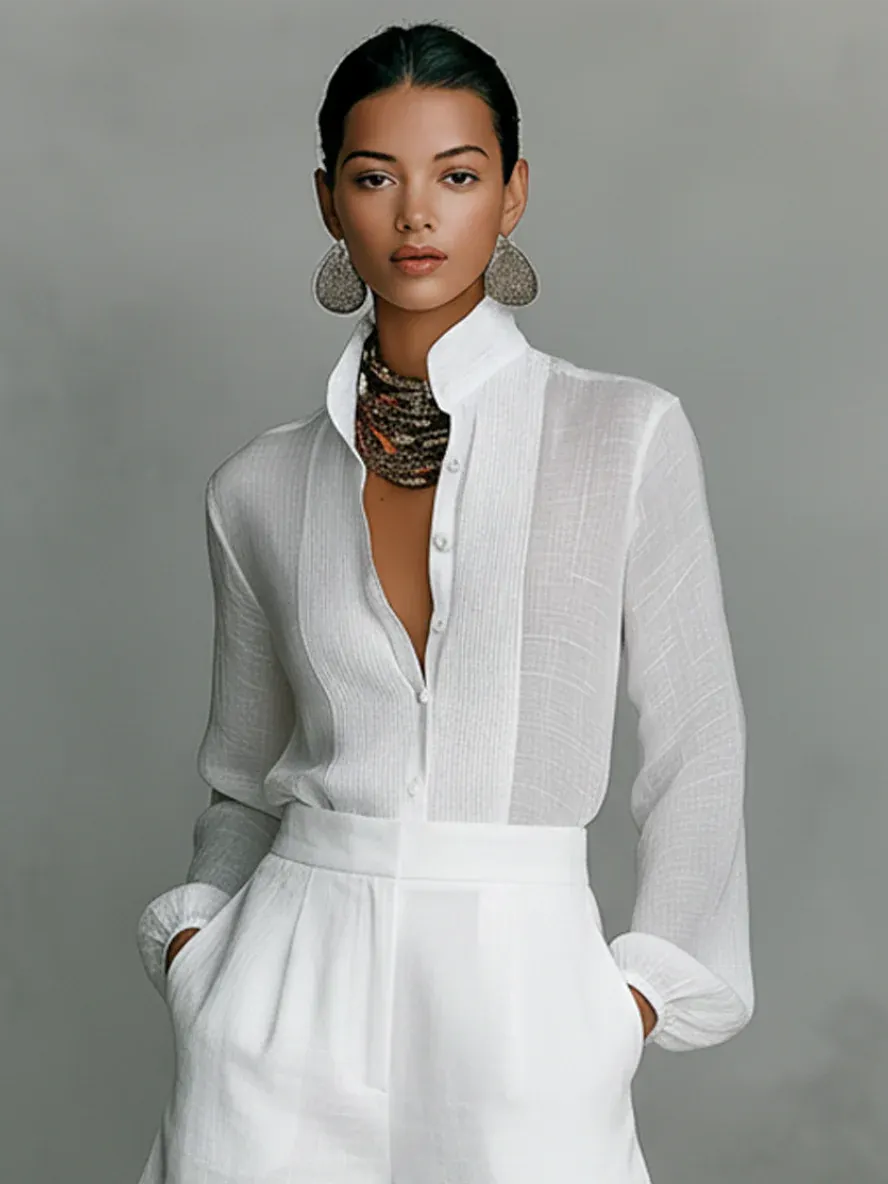 White Stand-up Collar Single-breasted Long-sleeved Shirt And Shorts Suit