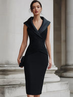 Structured Sculpted Shawl Collar Sleeveless Pencil Midi Dress