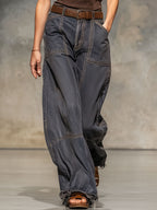 Relaxed Loose Vintage Raw Edge Dark Grey Wide Leg Jeans