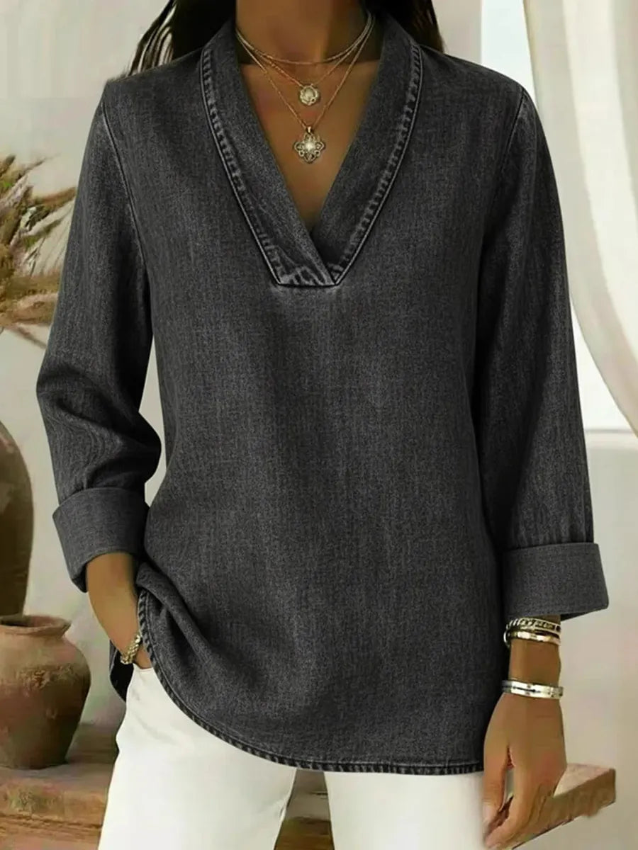 Solid Color Long Sleeves Loose V-Neck Blouses&Shirts Tops