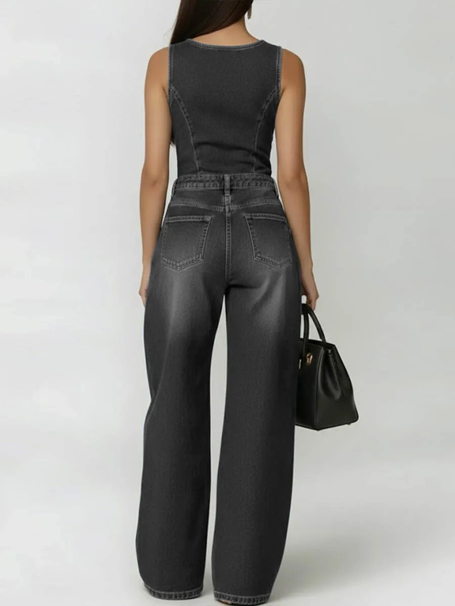 Geometric Hollow Pockets Solid Color Split-Joint High Waisted Loose Round-Neck Jumpsuits