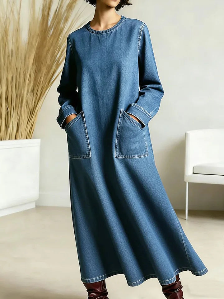 Women's New Spring Collection Round Neck Long-sleeved Casual Loose Denim Dress With Pockets