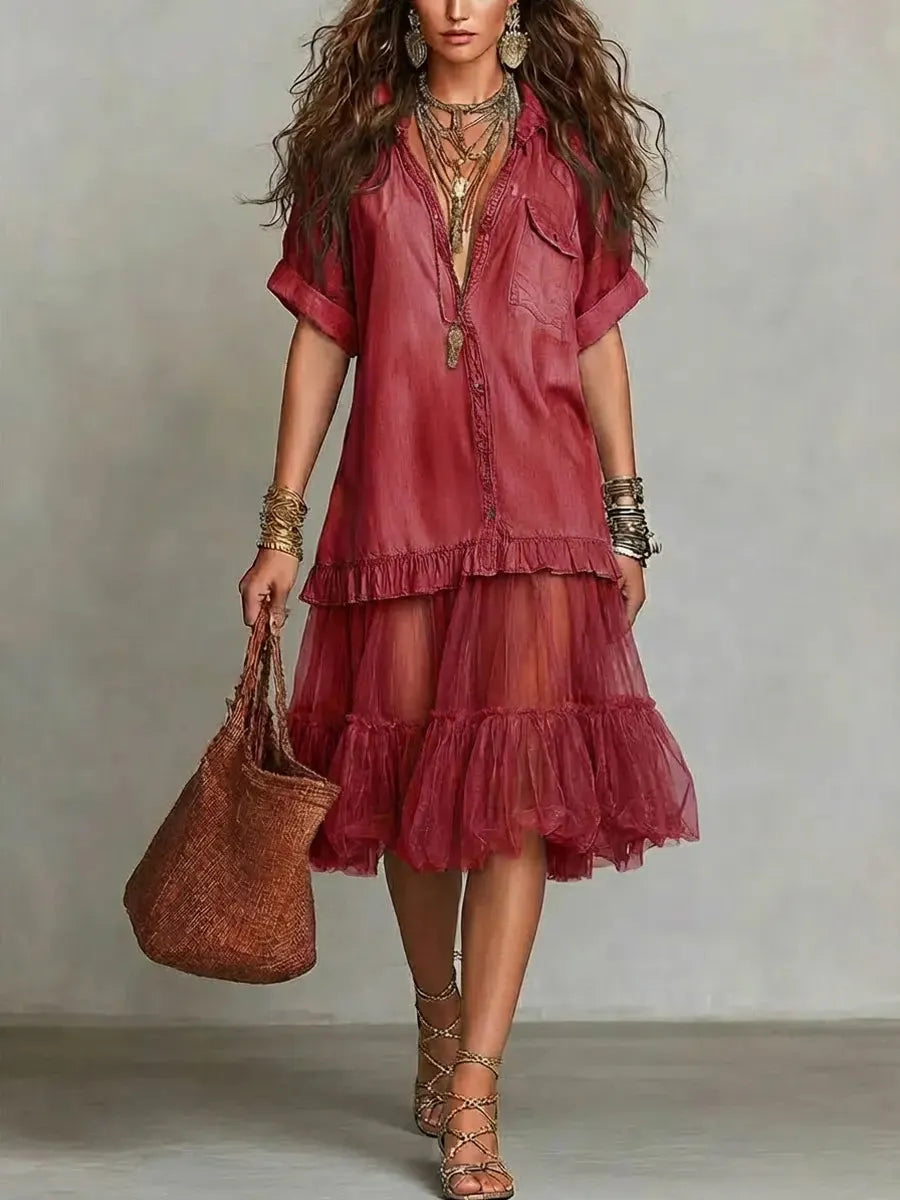 Women's Retro Lapel Denim Organza Patchwork Art Casual Dress