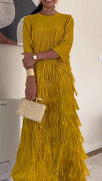 Women Round Neck Solid Color Patchwork Tassel Elegant Casual Dress
