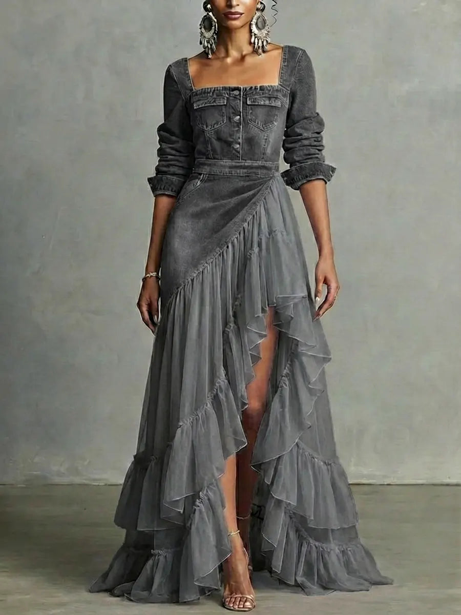 Women's Retro Denim Organza Patchwork Art Casual Maxi Dress